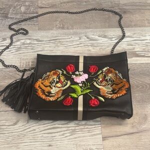 Embroidered Black Crossbody Bag with Chain Strap and Lion/Rose Decal